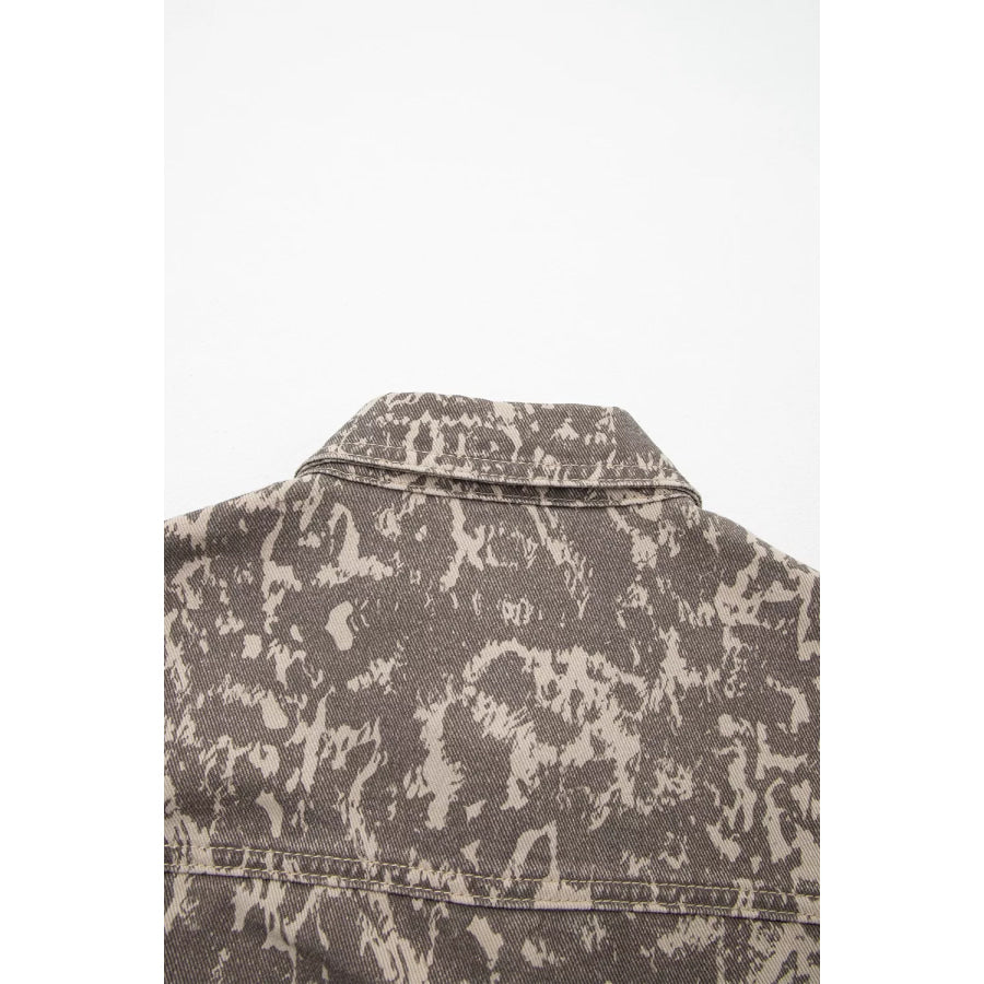 Abstract Print Long Sleeve Collar Raw Hem Denim Jacket Apparel and Accessories