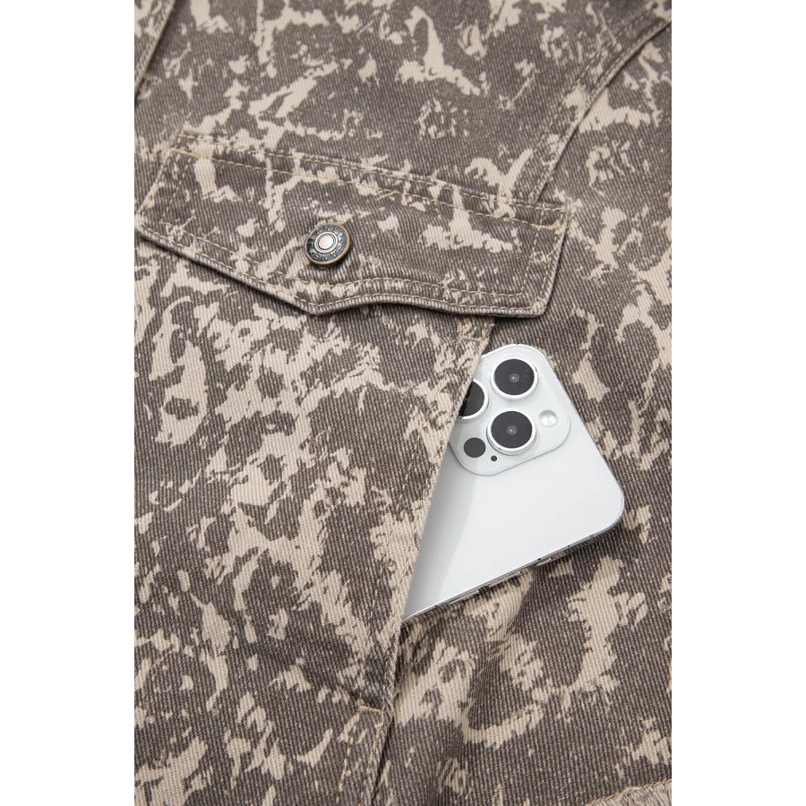 Abstract Print Long Sleeve Collar Raw Hem Denim Jacket Apparel and Accessories