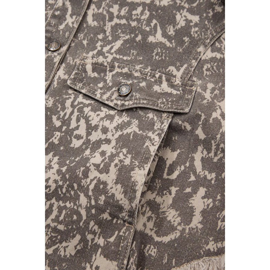 Abstract Print Long Sleeve Collar Raw Hem Denim Jacket Apparel and Accessories