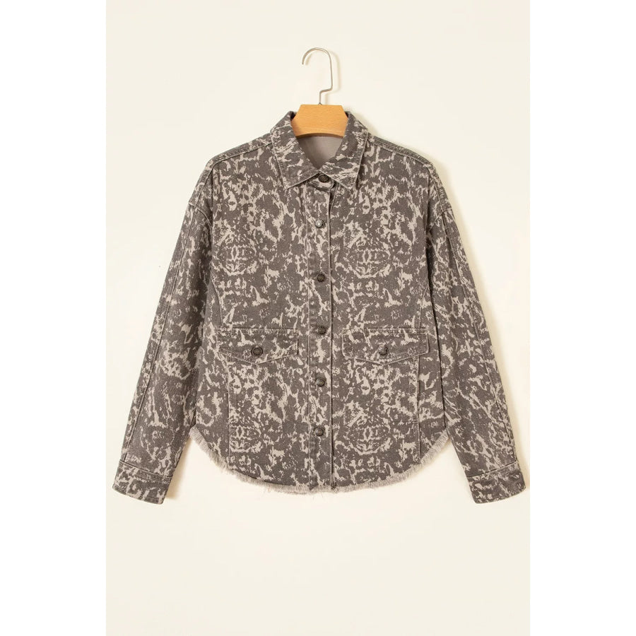 Abstract Print Long Sleeve Collar Raw Hem Denim Jacket Apparel and Accessories