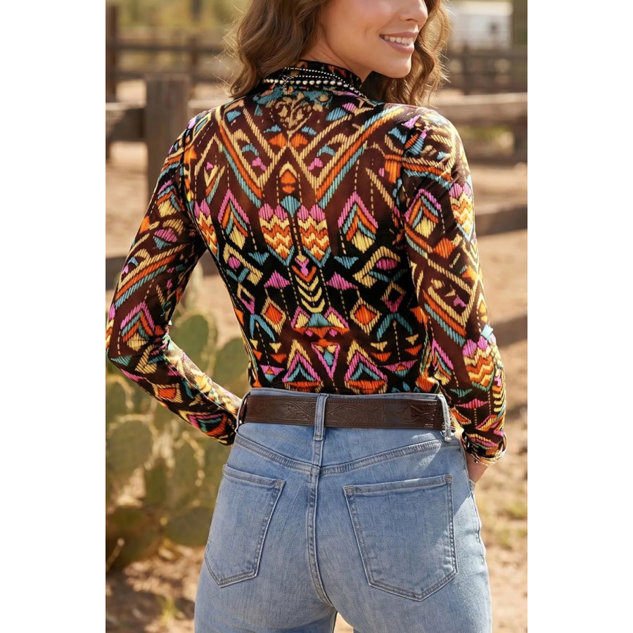 Abstract Print Long Sleeve Stand Neck Mesh Top Apparel and Accessories