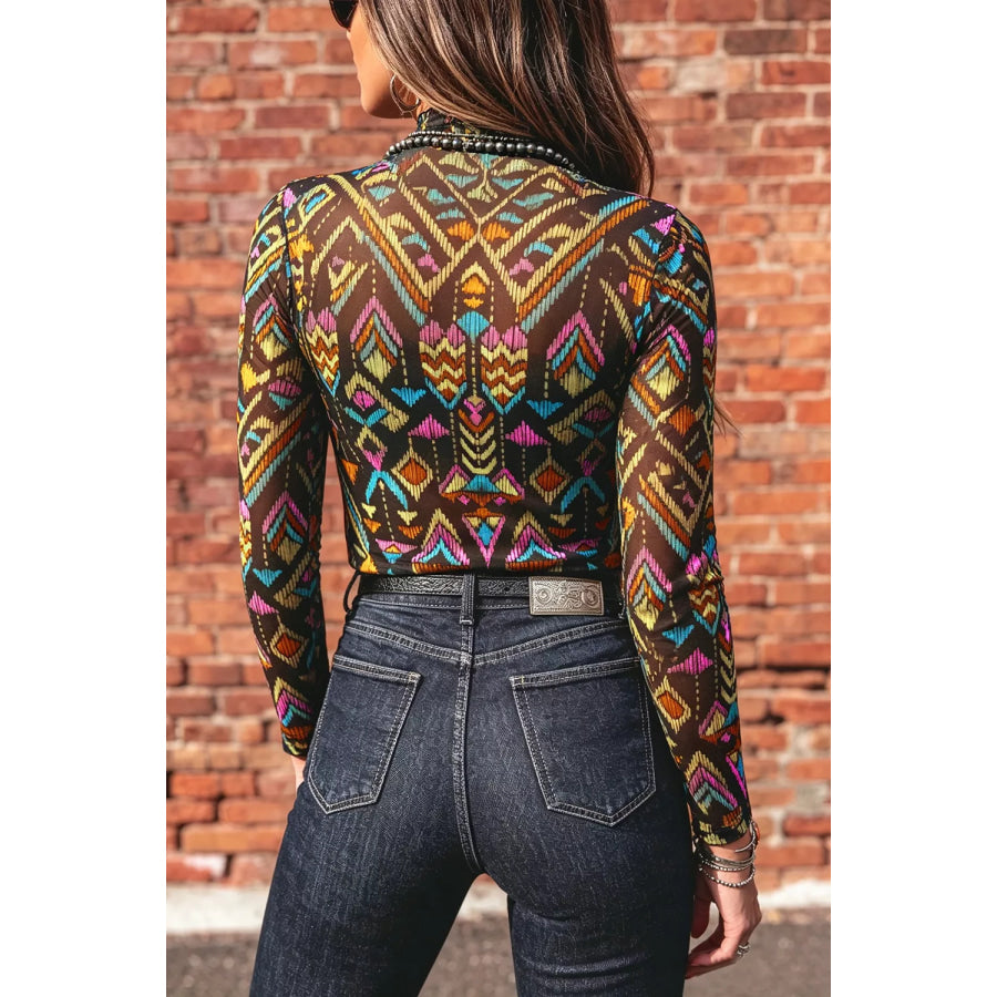 Abstract Print Long Sleeve Stand Neck Mesh Top Apparel and Accessories