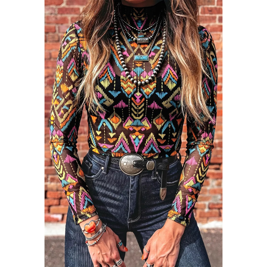 Abstract Print Long Sleeve Stand Neck Mesh Top Apparel and Accessories
