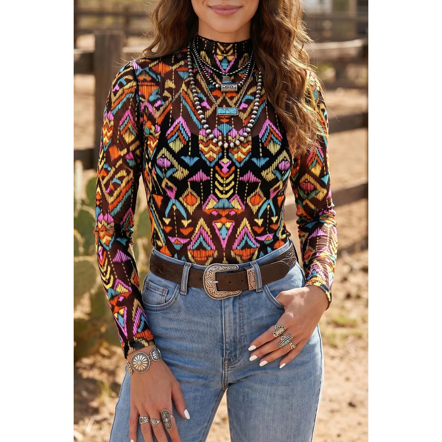 Abstract Print Long Sleeve Stand Neck Mesh Top Black / S Apparel and Accessories