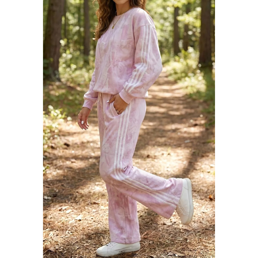 Abstract Print Side Stripe Detail Long Sleeve Top Loose Pants Set Apparel and Accessories