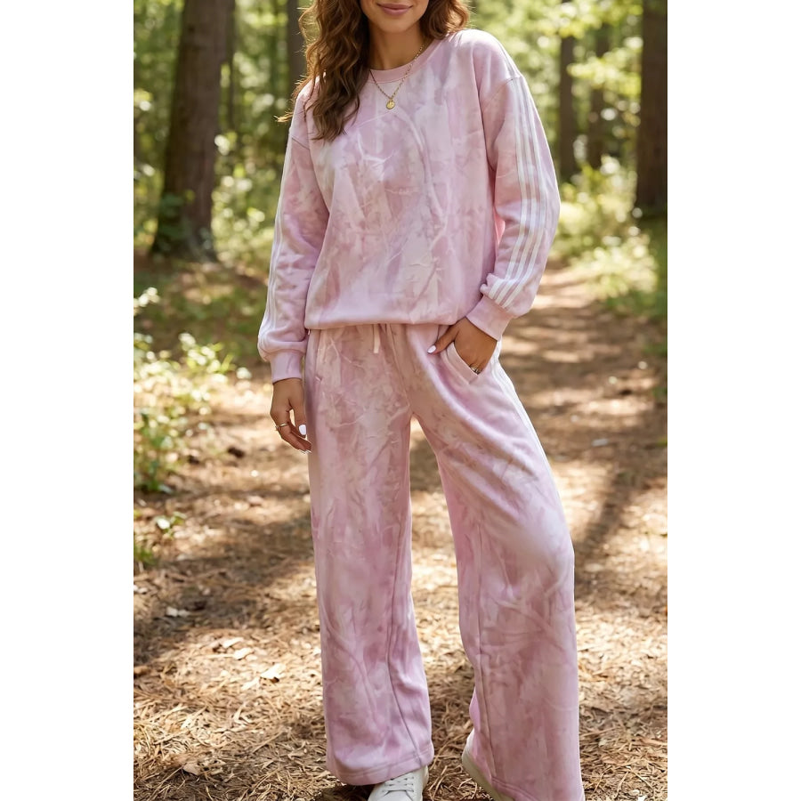Abstract Print Side Stripe Detail Long Sleeve Top Loose Pants Set Apparel and Accessories