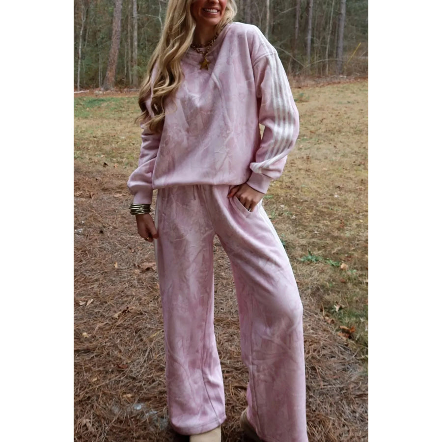 Abstract Print Side Stripe Detail Long Sleeve Top Loose Pants Set Apparel and Accessories