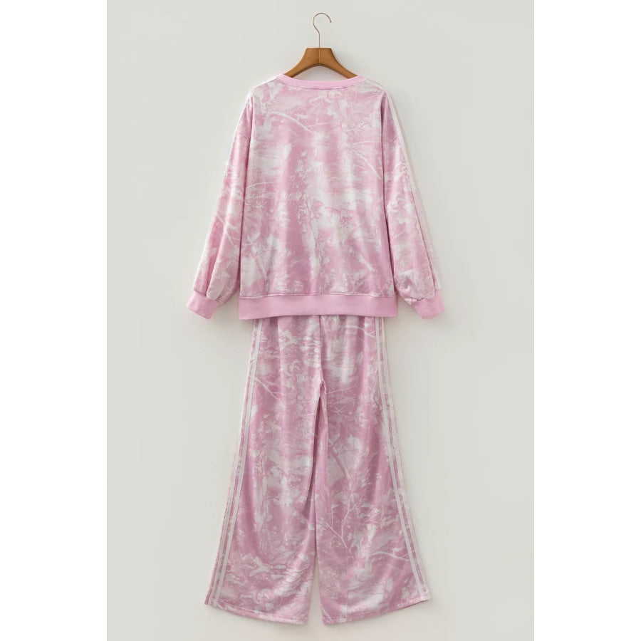 Abstract Print Side Stripe Detail Long Sleeve Top Loose Pants Set Apparel and Accessories