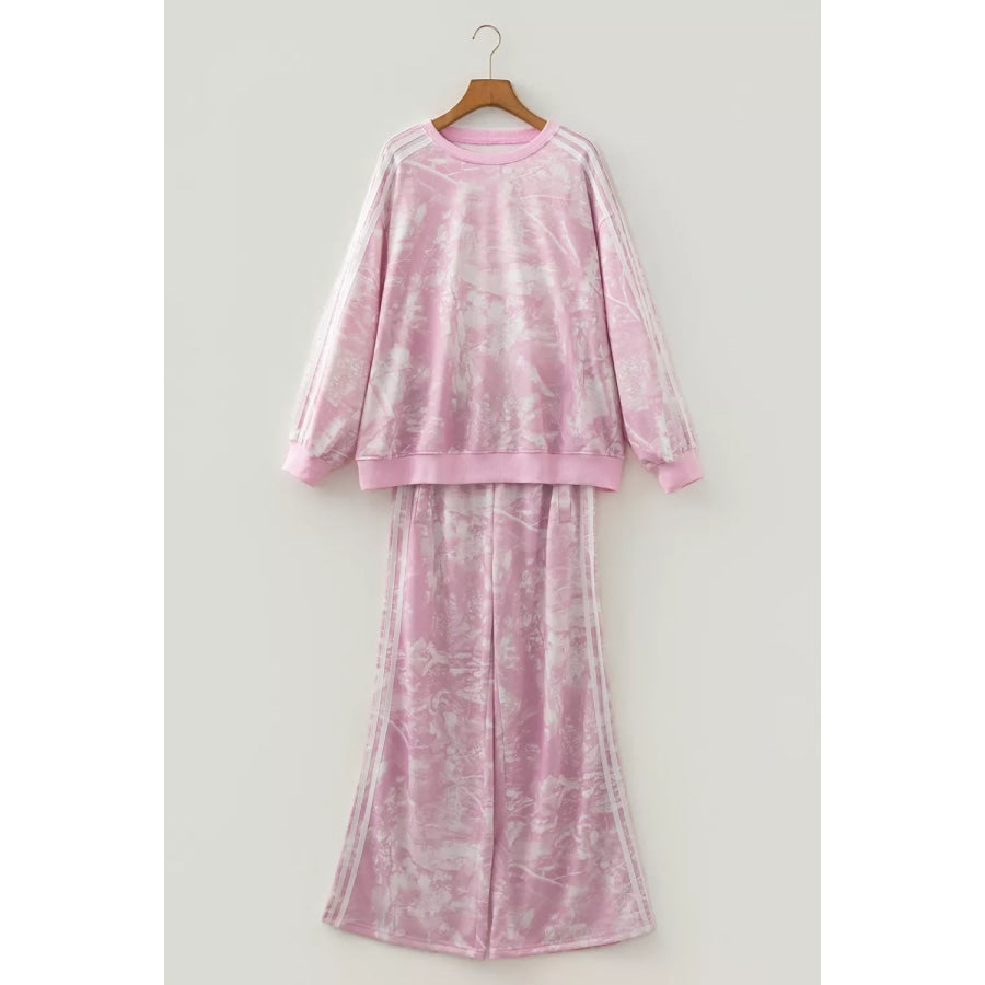 Abstract Print Side Stripe Detail Long Sleeve Top Loose Pants Set Dusty Pink / S Apparel and Accessories