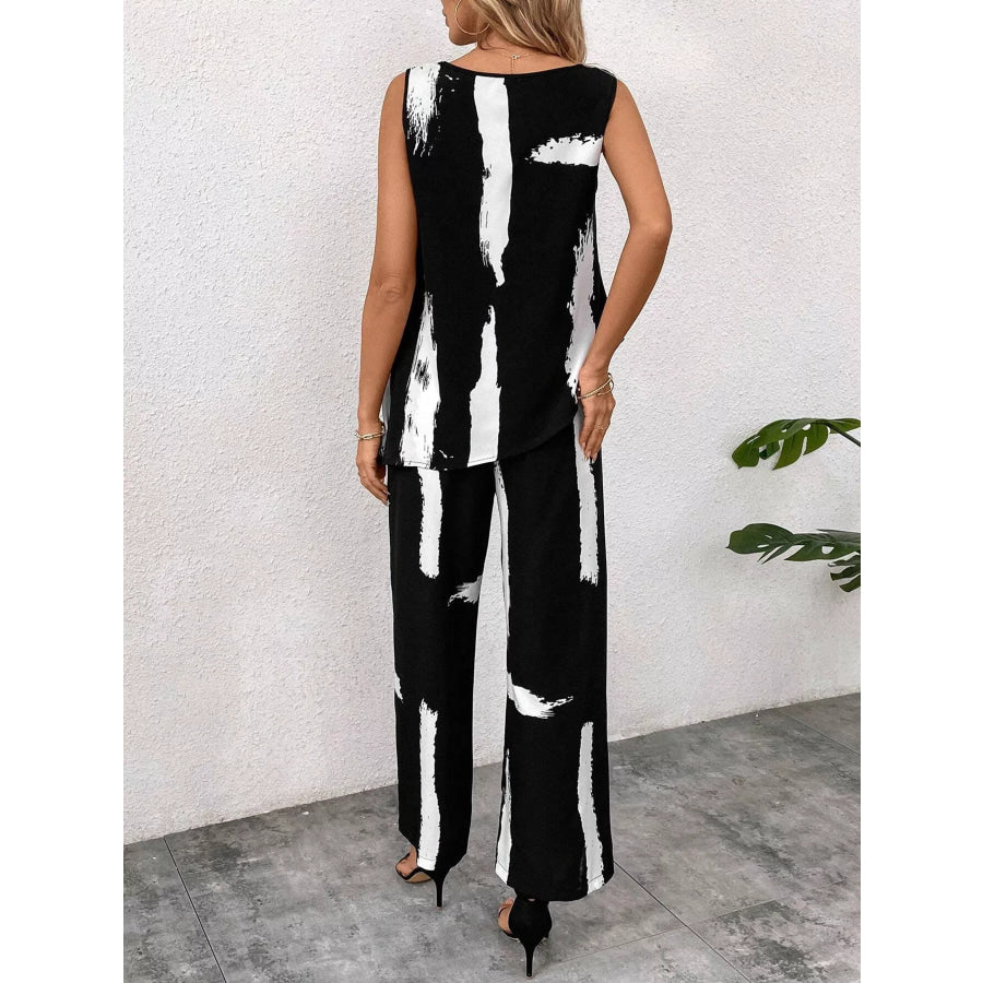 Abstract Print Sleeveless Top & Wide Leg Pants Set Apparel and Accessories