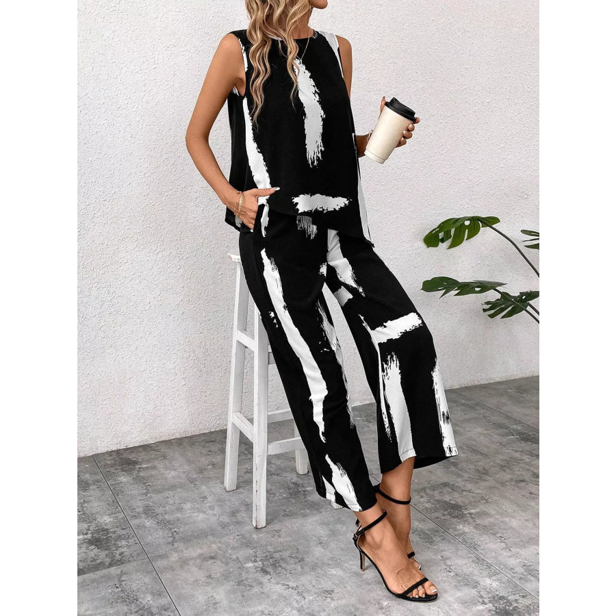 Abstract Print Sleeveless Top & Wide Leg Pants Set Apparel and Accessories