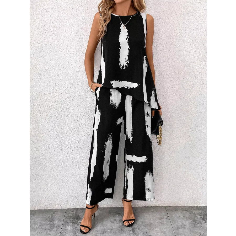 Abstract Print Sleeveless Top & Wide Leg Pants Set Apparel and Accessories