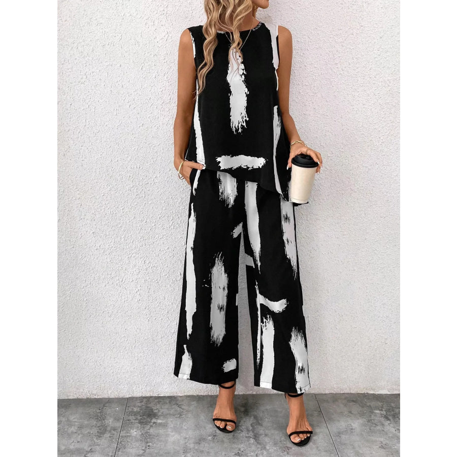 Abstract Print Sleeveless Top & Wide Leg Pants Set Apparel and Accessories