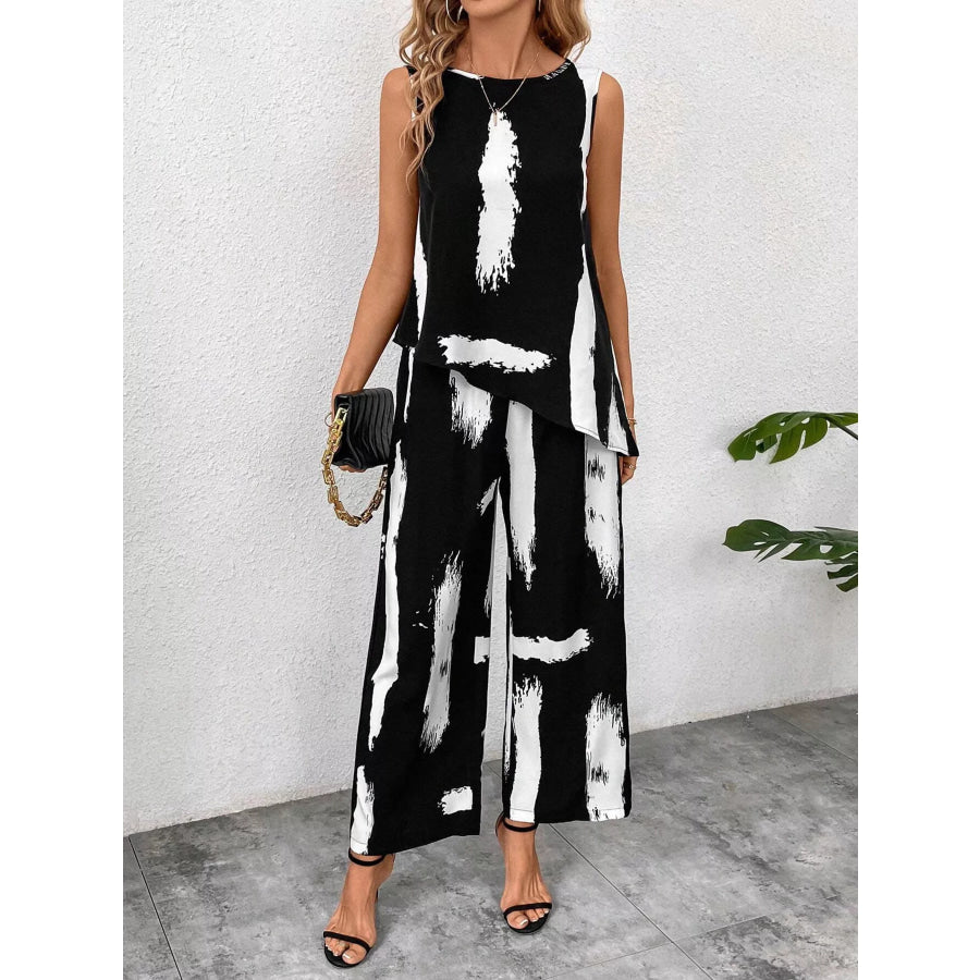 Abstract Print Sleeveless Top & Wide Leg Pants Set Black / S Apparel and Accessories