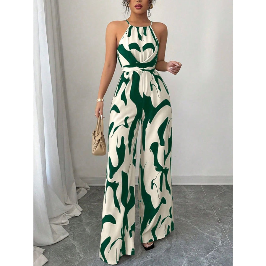 Abstract Print Sleeveless Wide Leg Jumpsuit Sage / S Apparel and Accessories