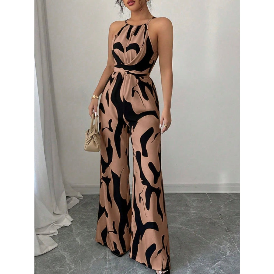 Abstract Print Sleeveless Wide Leg Jumpsuit Tan / S Apparel and Accessories