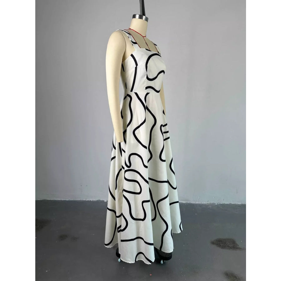 Abstract Print Square Neck Midi Dress Apparel and Accessories