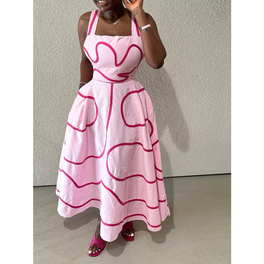 Abstract Print Square Neck Midi Dress Pink / S Apparel and Accessories