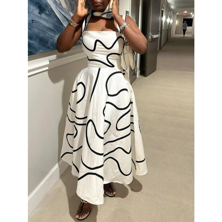 Abstract Print Square Neck Midi Dress White / S Apparel and Accessories