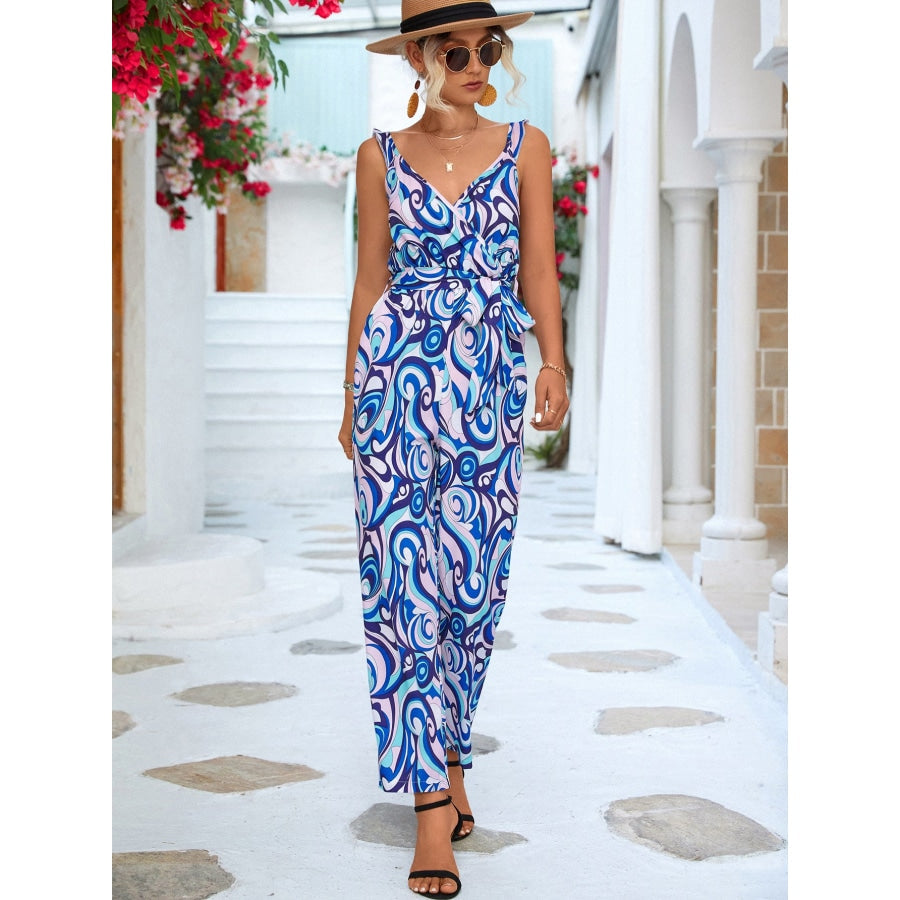 Abstract Print Tied Sleeveless Jumpsuit Blue / S