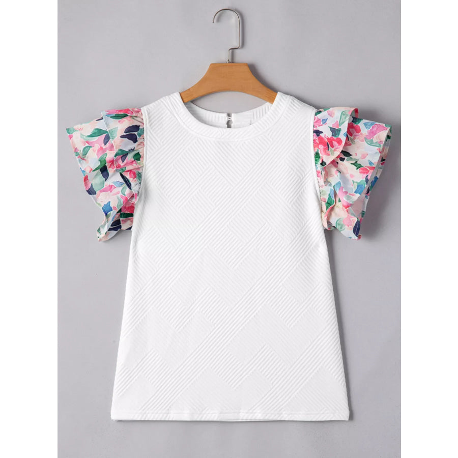 Abstract Print Tiered Ruffled Sleeve Textured Knit Top Apparel and Accessories