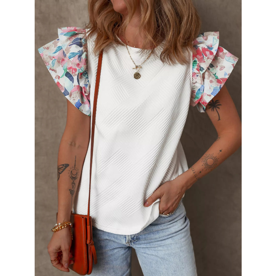 Abstract Print Tiered Ruffled Sleeve Textured Knit Top Apparel and Accessories