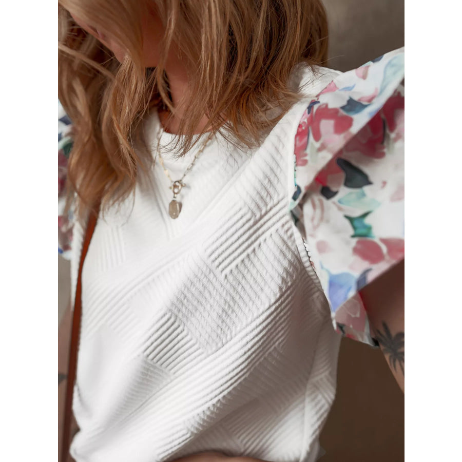 Abstract Print Tiered Ruffled Sleeve Textured Knit Top Apparel and Accessories