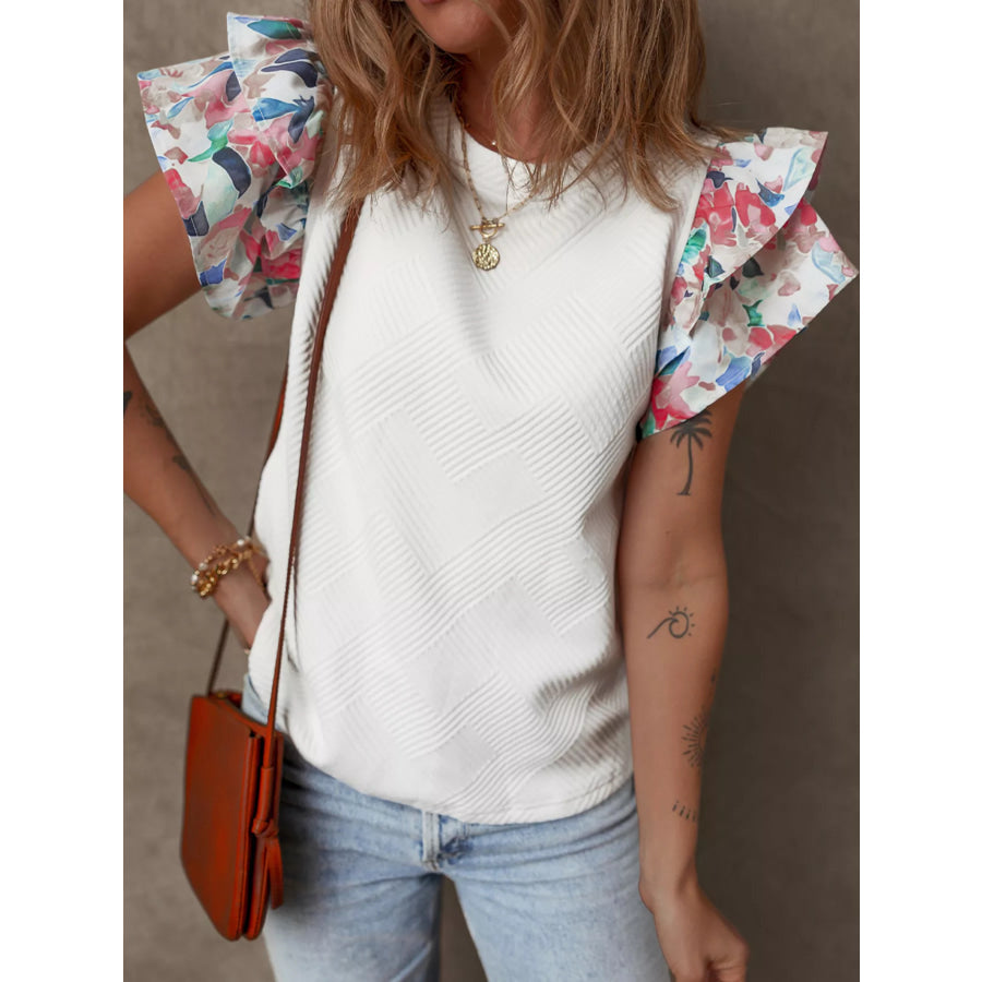 Abstract Print Tiered Ruffled Sleeve Textured Knit Top Apparel and Accessories