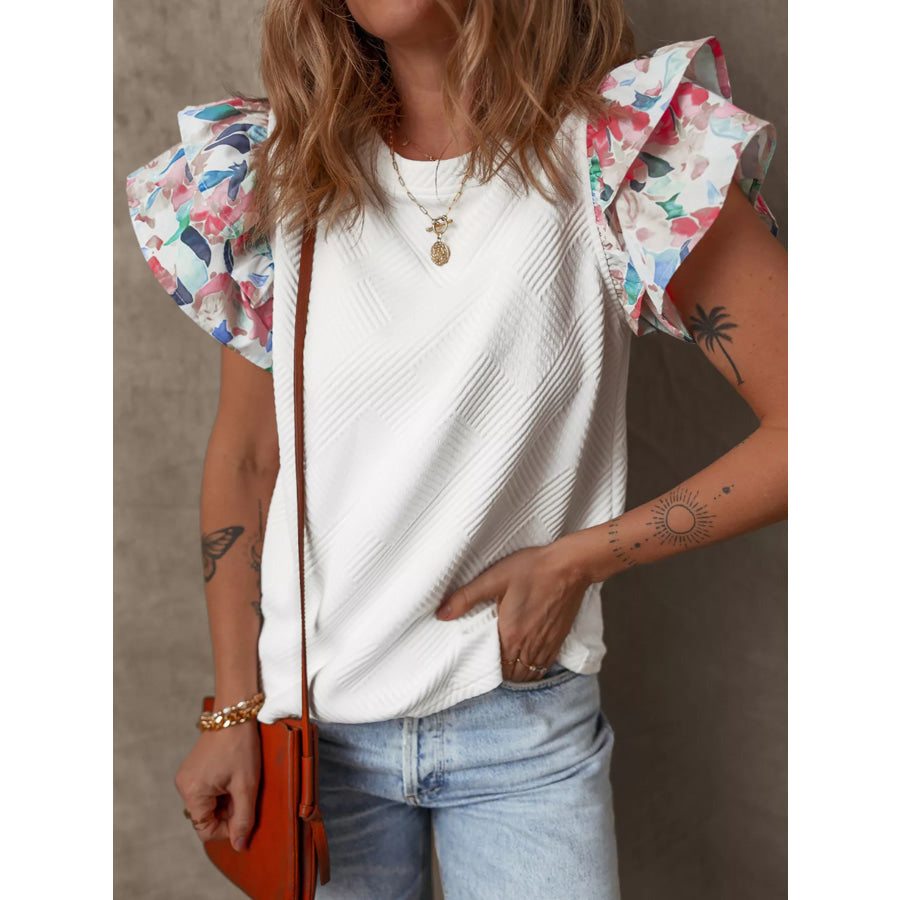 Abstract Print Tiered Ruffled Sleeve Textured Knit Top Apparel and Accessories