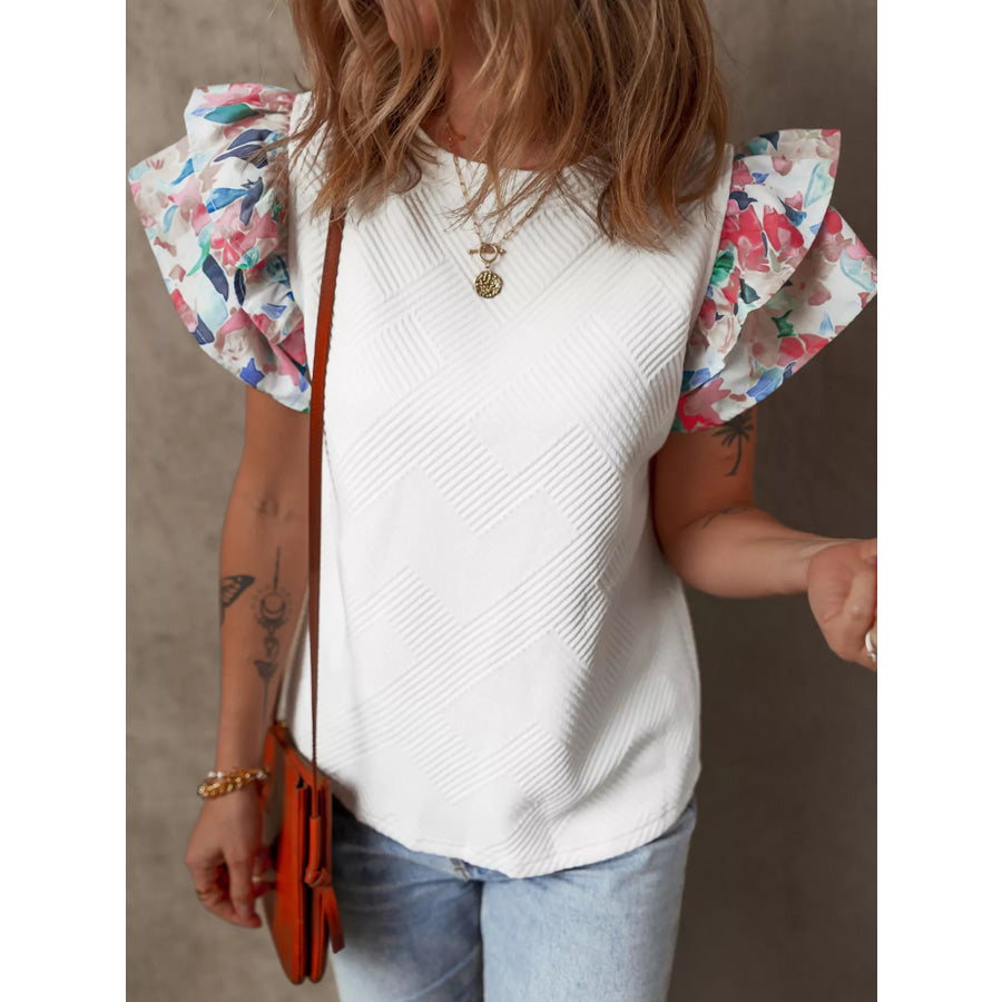 Abstract Print Tiered Ruffled Sleeve Textured Knit Top Apparel and Accessories