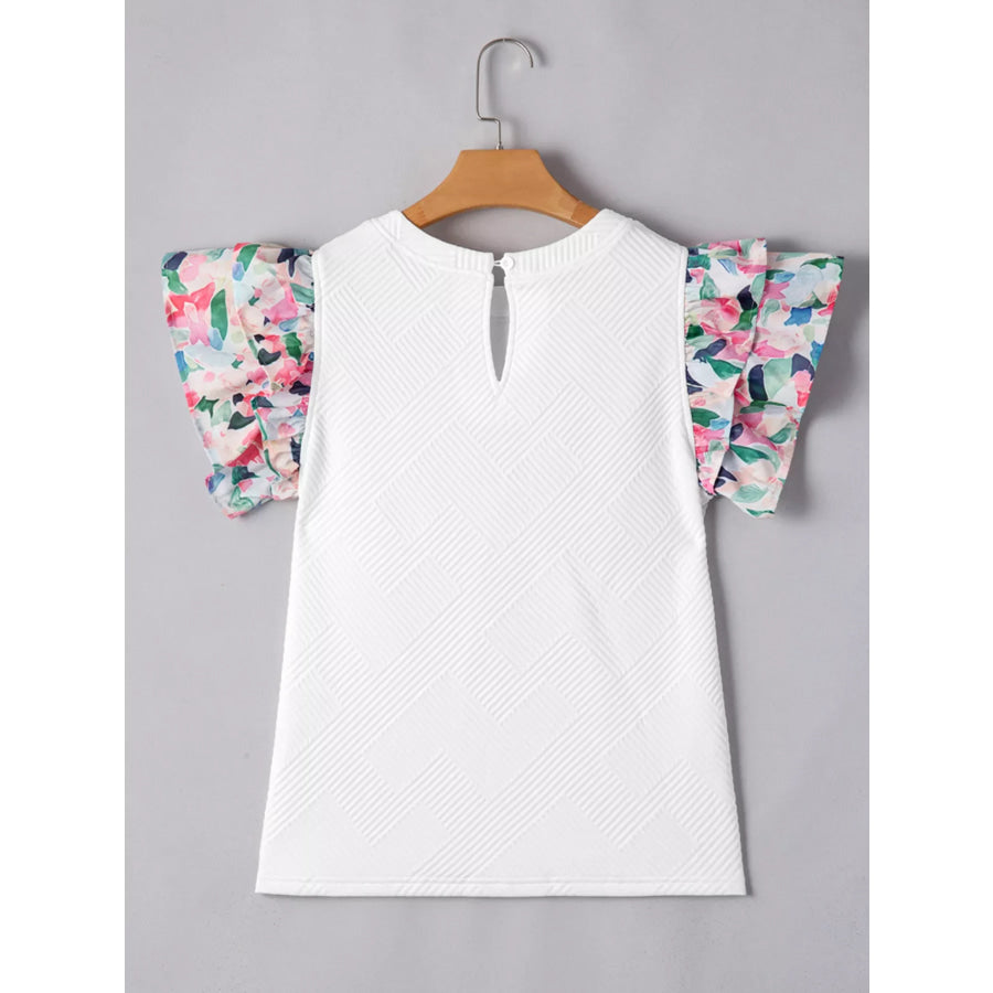 Abstract Print Tiered Ruffled Sleeve Textured Knit Top Apparel and Accessories