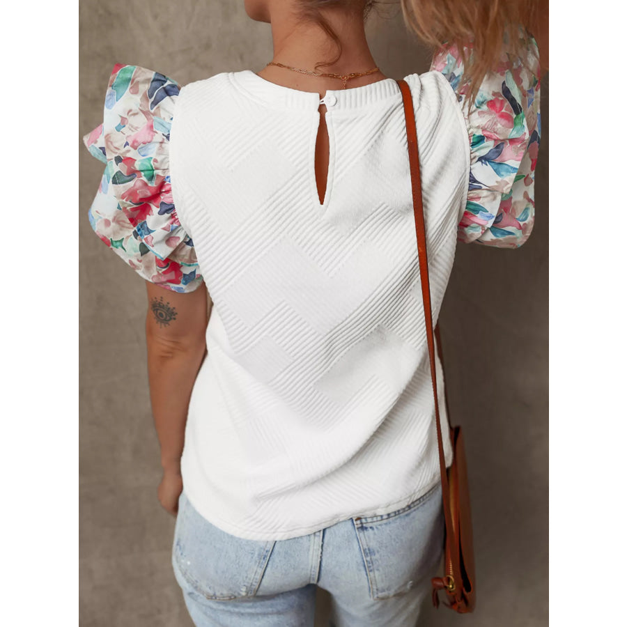 Abstract Print Tiered Ruffled Sleeve Textured Knit Top Apparel and Accessories