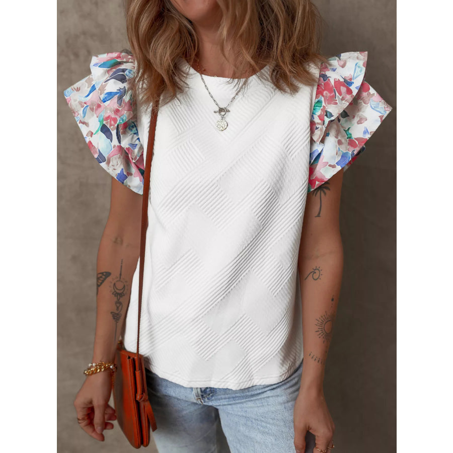 Abstract Print Tiered Ruffled Sleeve Textured Knit Top White / S Apparel and Accessories