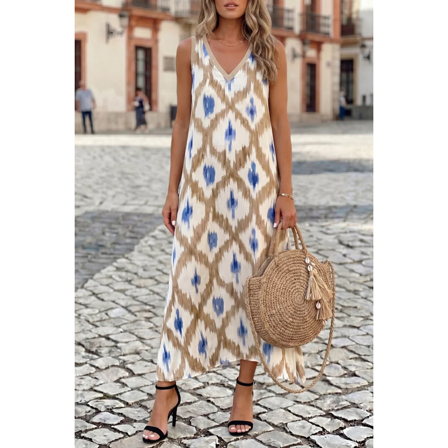 Abstract Print V Neck Sleeveless Midi Dress Apparel and Accessories