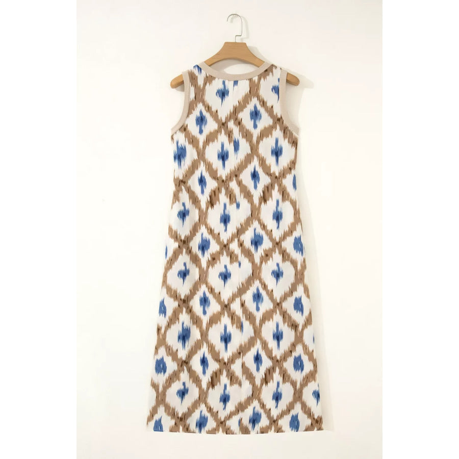 Abstract Print V Neck Sleeveless Midi Dress Apparel and Accessories