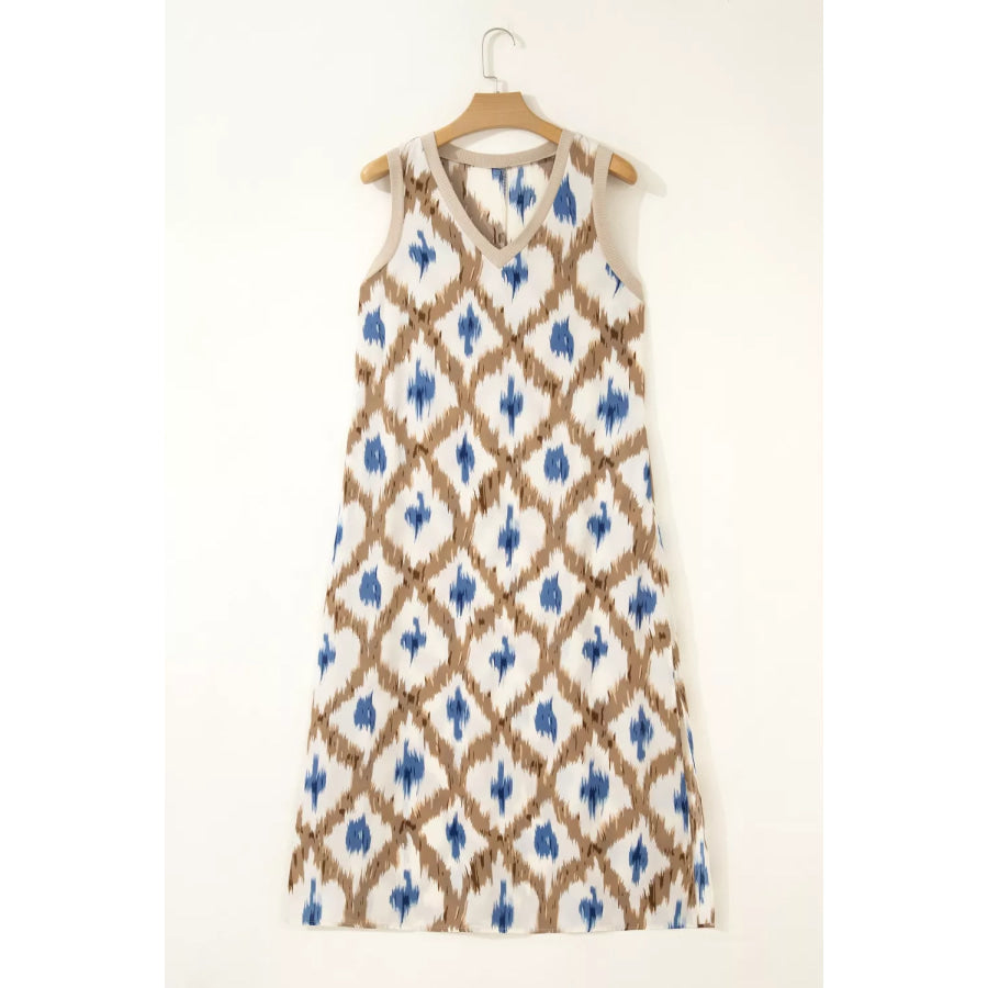 Abstract Print V Neck Sleeveless Midi Dress Apparel and Accessories