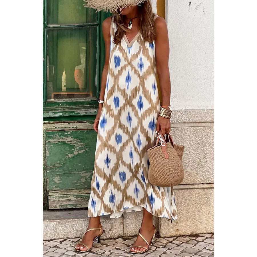 Abstract Print V Neck Sleeveless Midi Dress Apparel and Accessories
