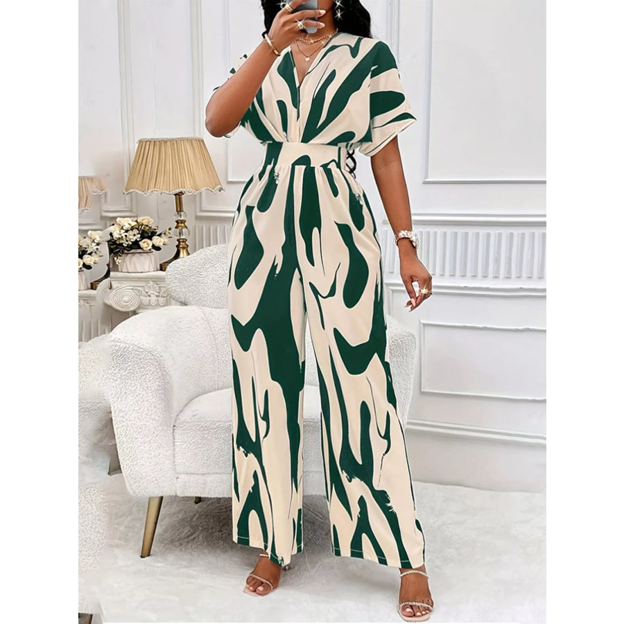 Abstract Print Wide-Leg Jumpsuit Green / S Apparel and Accessories