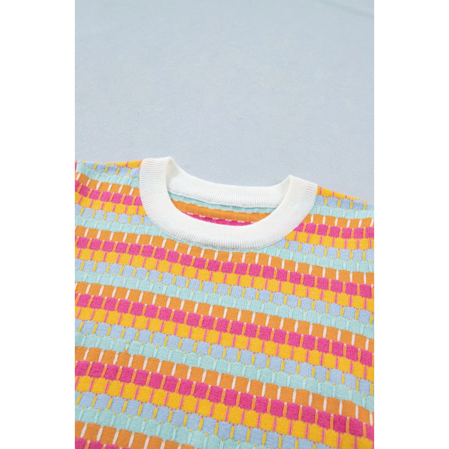 Abstract Striped Knit Short Sleeve Sweater Apparel and Accessories