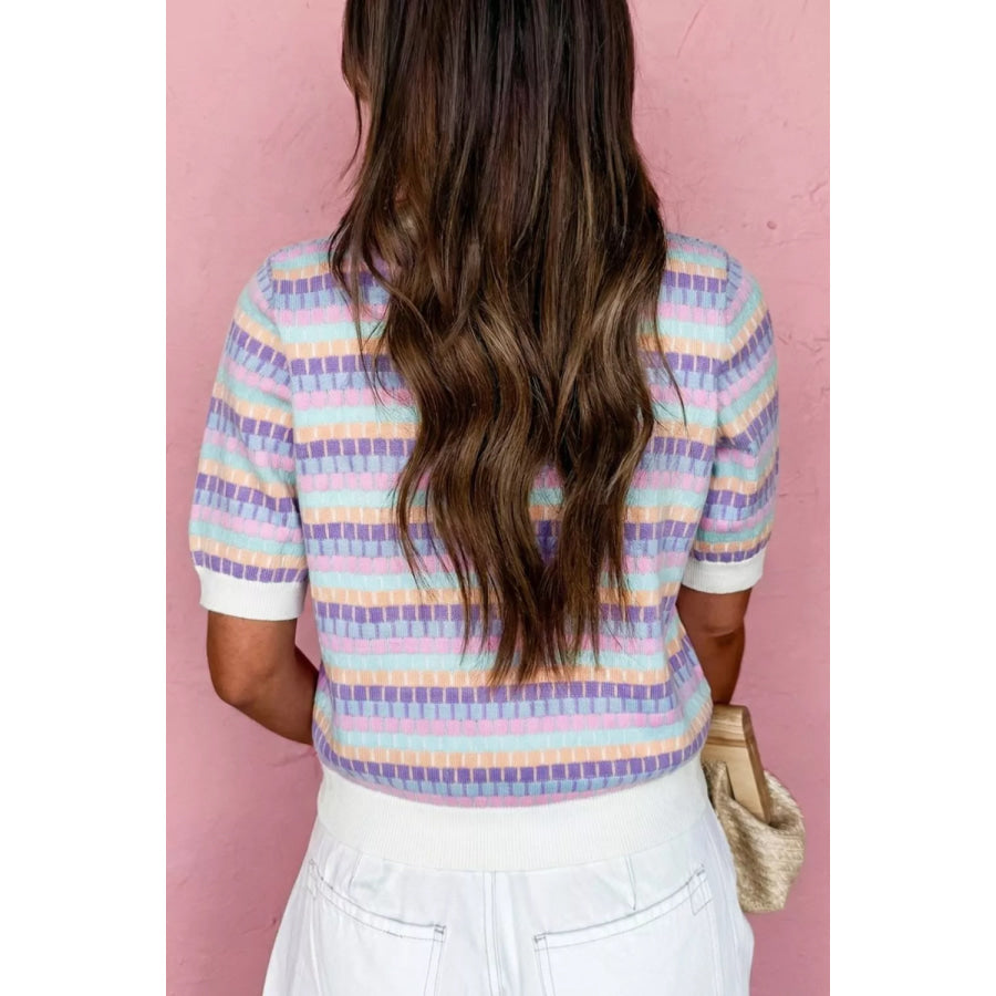 Abstract Striped Knit Short Sleeve Sweater Apparel and Accessories