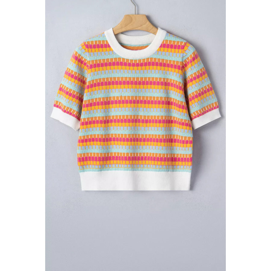 Abstract Striped Knit Short Sleeve Sweater Apparel and Accessories
