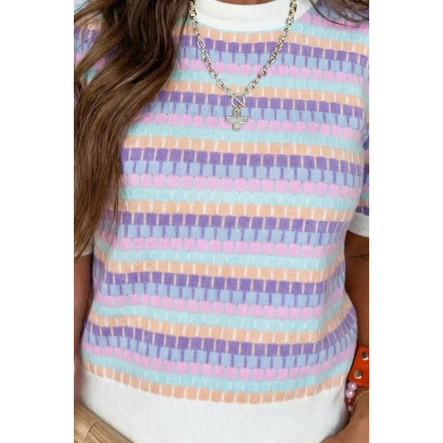 Abstract Striped Knit Short Sleeve Sweater Apparel and Accessories