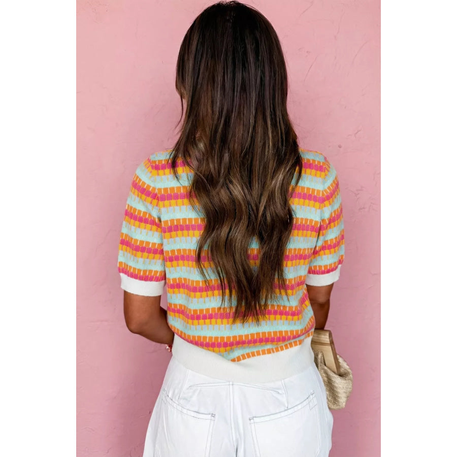 Abstract Striped Knit Short Sleeve Sweater Sherbet / S Apparel and Accessories