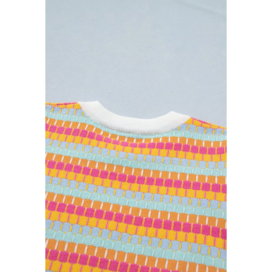 Abstract Striped Knit Short Sleeve Sweater Apparel and Accessories