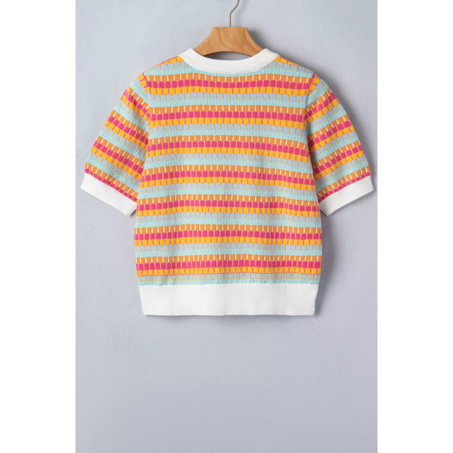 Abstract Striped Knit Short Sleeve Sweater Apparel and Accessories