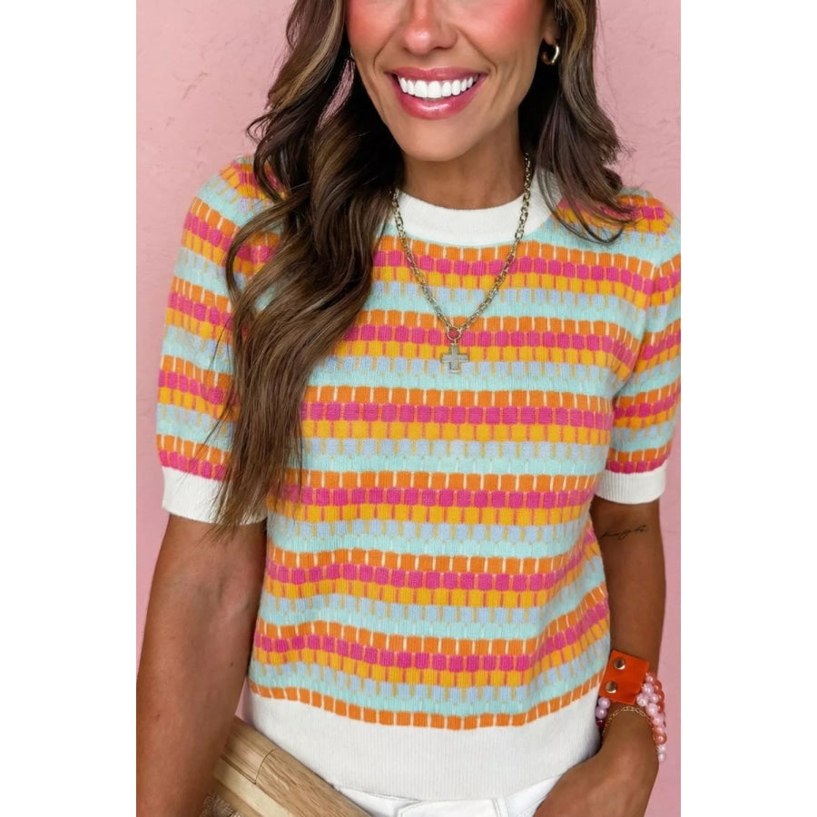Abstract Striped Knit Short Sleeve Sweater Sherbet / S Apparel and Accessories