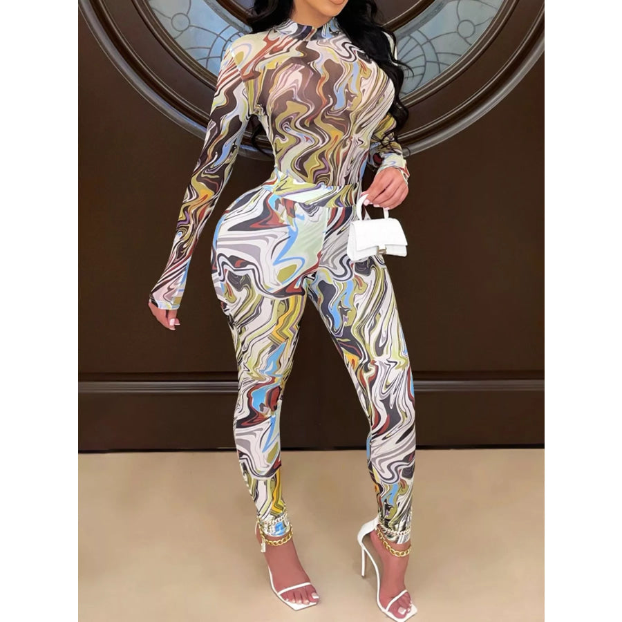 Abstract Swirl Print Top and Pants Set Camel / S Apparel and Accessories