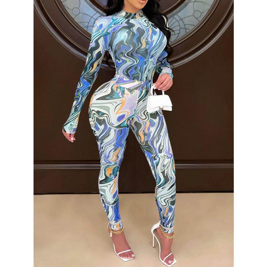 Abstract Swirl Print Top and Pants Set Dusty Blue / S Apparel and Accessories