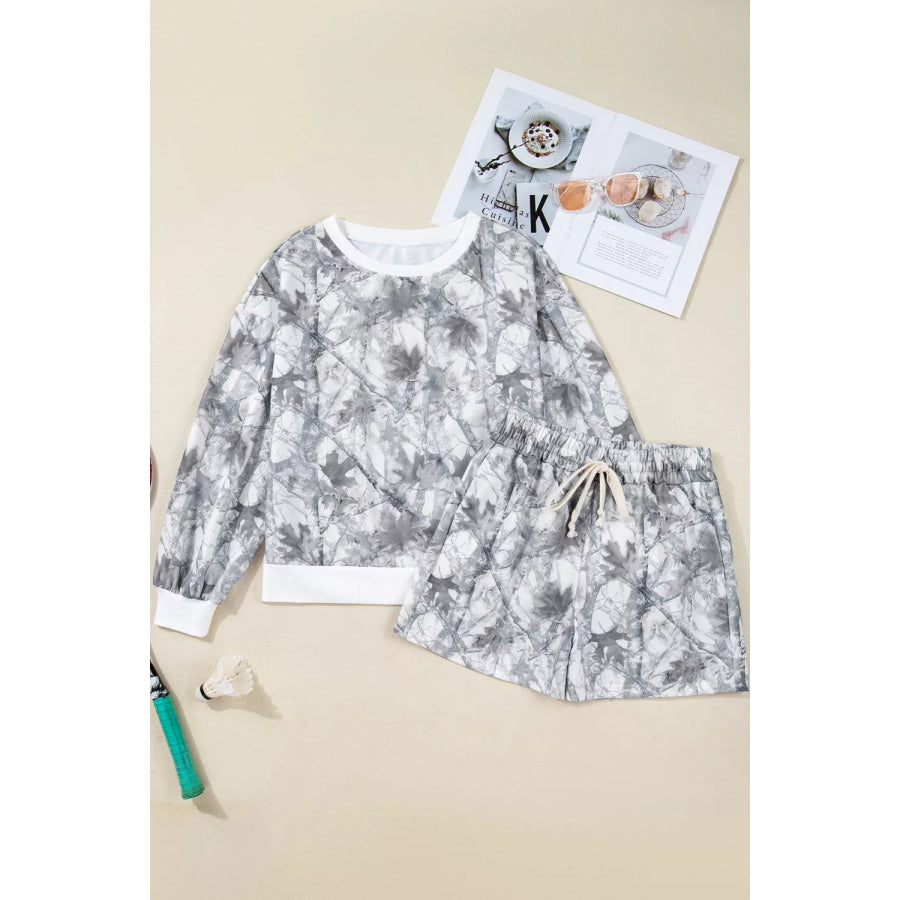Abstract Woodland Camo Print Baggy Pullover Drawstring Shorts Set Apparel and Accessories