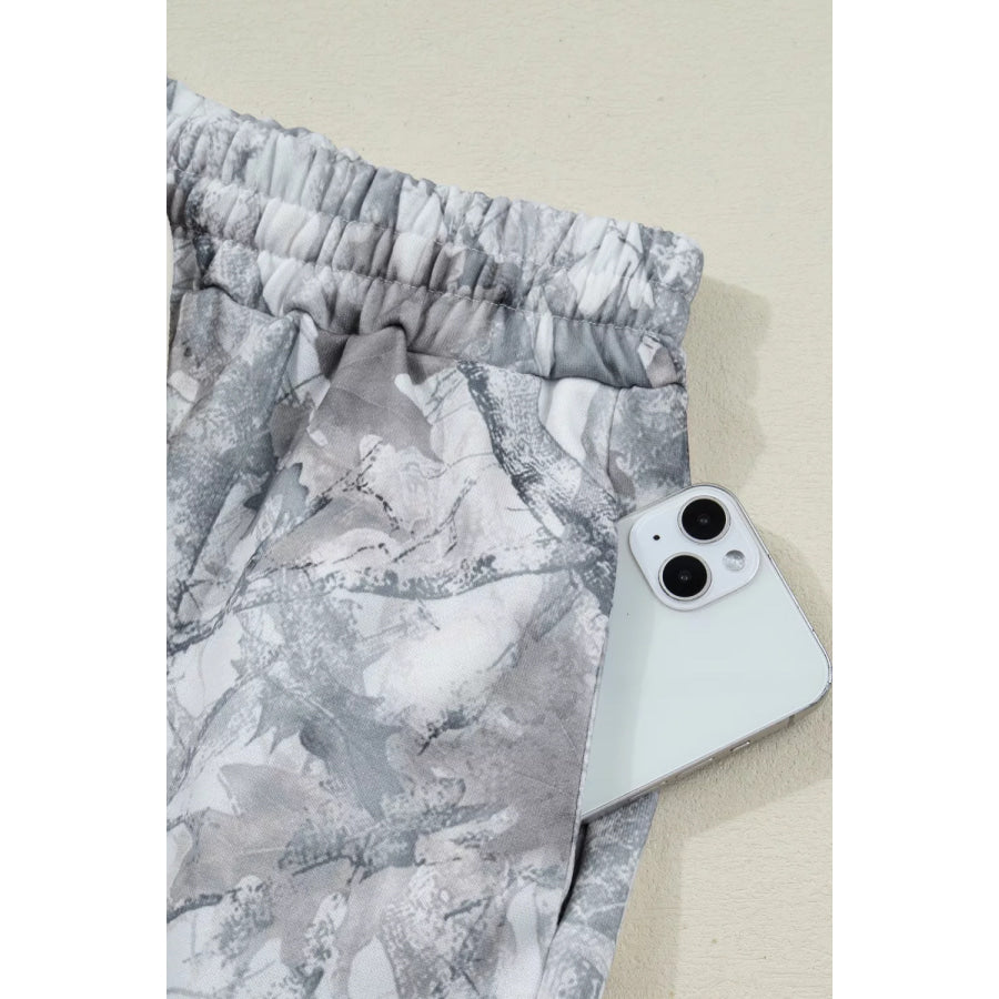 Abstract Woodland Camo Print Baggy Pullover Drawstring Shorts Set Apparel and Accessories